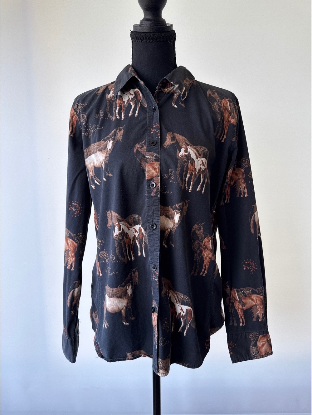 Bits & Bridle Womens Horse Print Button Down Shirt Black Equestrian Western L